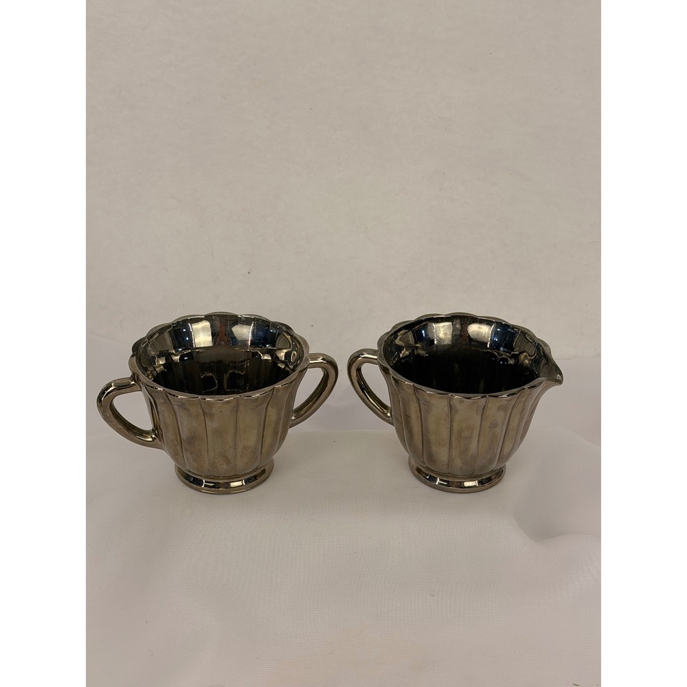 Vintage Silver Lusterware Cream and Sugar Set Ribbed Metallic glass Tea Set